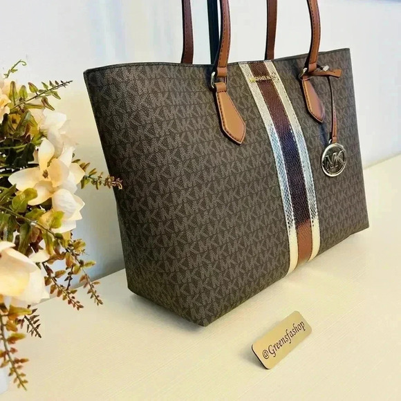 Michael Kors Purse Sheila Large Signature & Metallic Tote Bag Brown - Picture 3 of 10